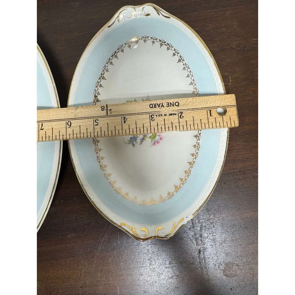 Vintage Floral Oval Serving Platter Set Blue Gold Gilt Scalloped Edge 2 Piece
